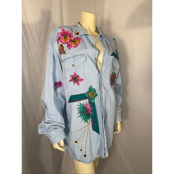 Basic Editions Oversized Denim Shirt 3X – Hand Embellished Floral & Butterfly We - Picture 1 of 16